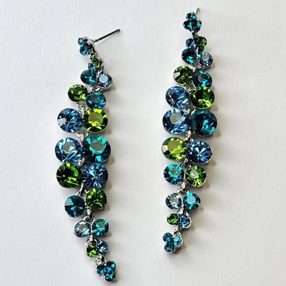 Aqua Green Blue Crystal Drop Earrings Long Dangling Crystal Earrings - Picture 1 of 6